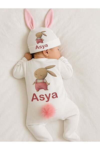 Bebe wini 100% Pamuk 3 Parça Pon Pon Lu Patikli Tavşan Tulumu
