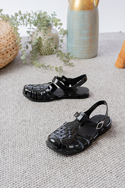 Slipcat Women's Shiny Transparent Black Silver Glitter Jelly Sandals