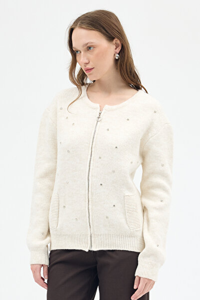 Rays Cardigan tricotat cu pietre aplicate cu fermoar pentru femei Natural 6405