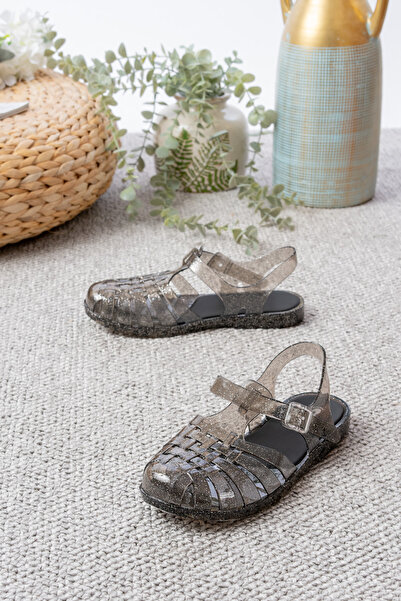 Slipcat Women's Shiny Transparent Black Silver Glitter Jelly Sandals