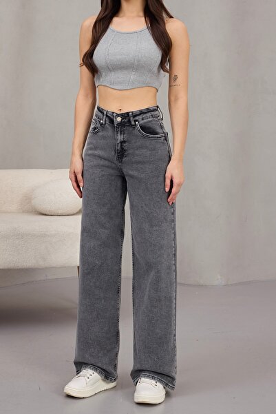 alanora Kadın Yüksek Bel Kar Yıkama Likralı Geniş Paça Palazzo Jeans