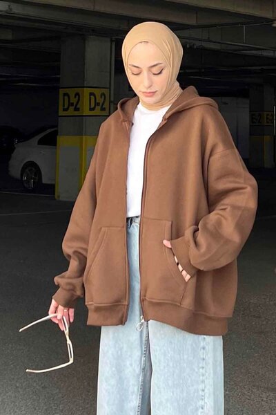 lamelif Ön Fermuarlı Düz Sweatshirt Acı Kahve