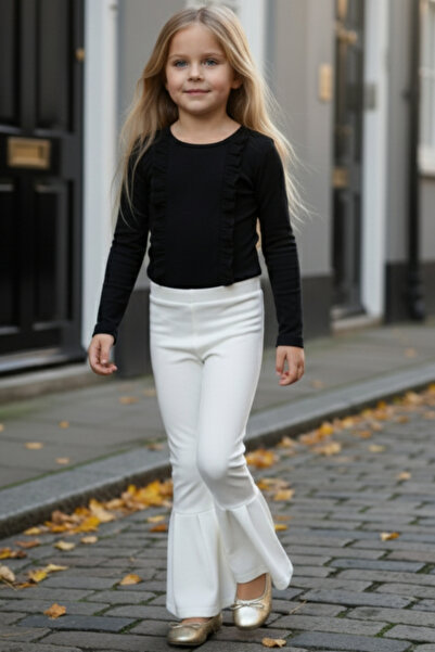 Parla Kids Girl's Cream Flared Leg High Waist Elastic Leggings Trousers