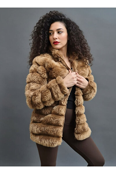 hazelin Γυναικείο Camel Chic βελούδινο μπουφάν από ψεύτικη γούνα HZL23W-DSB110061