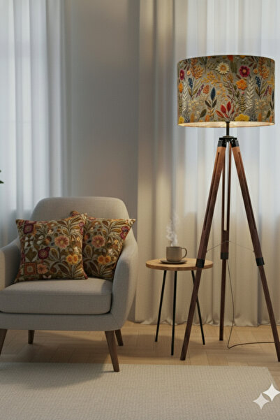 AdOz Lighting El Yapımı Sonbahar Çiçekleri Desenli Kumaş Lambader Başlığı ( Sadece Başlık )