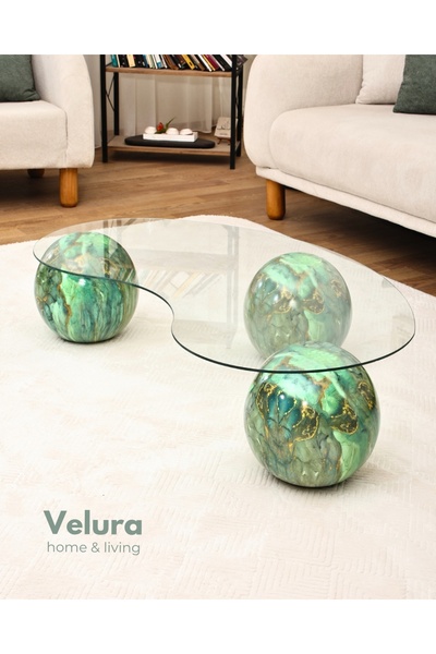 Velura Home & Living Jungle Top Sehpa & Küre Cam Orta Sehpa - Jungle Traverte...