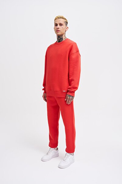 Machinist Erkek Basic Bisiklet Yaka Oversize Açık Kırmızı Sweatshirt