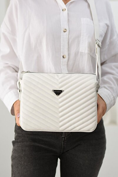 Sanmorris Women's Faux Leather Quilted Patterned Adjustable Crossbody Strap 3 Compartment White Matte Shoulder Bag