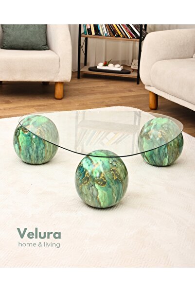 Velura Home & Living Jungle Top Sehpa & Küre Cam Orta Sehpa - Jungle Traverte...