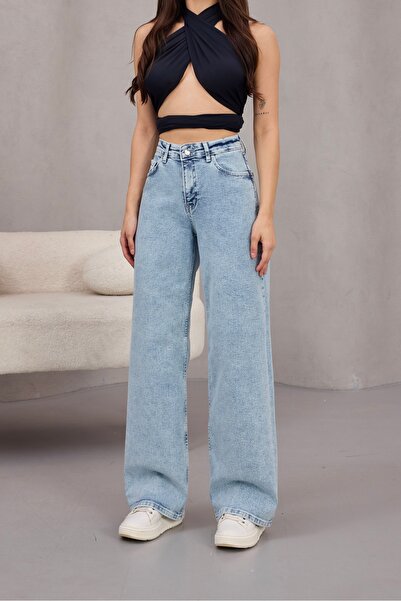 alanora Kadın Yüksek Bel Kar Yıkama Likralı Geniş Paça Palazzo Jeans