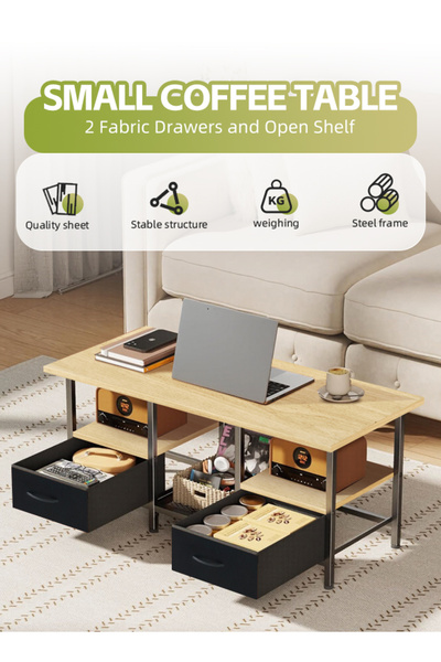 Ammar Space Coffee Table with 2 Fabric Drawers, 2-Tier Central Table with Storage Shelves,Living Room Table