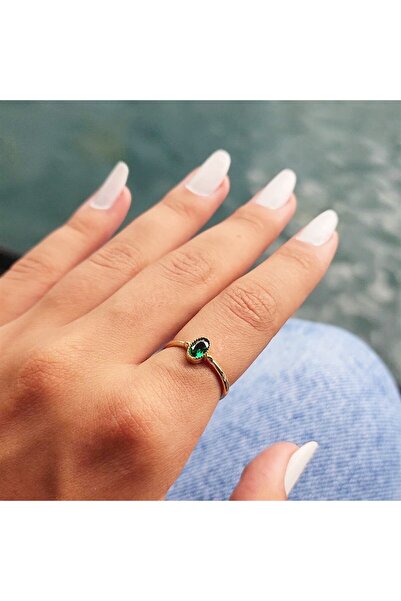 FasekGold Gümüş Yüzük - 0.35 Karat Zümrüt Yeşili Taşlı Güverseli Tektaş 925 A...