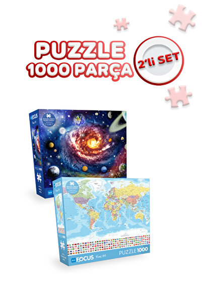 Blue Focus 2 Adet 1000 Parça Puzzle - Gezegenler ve Dünya Haritası I