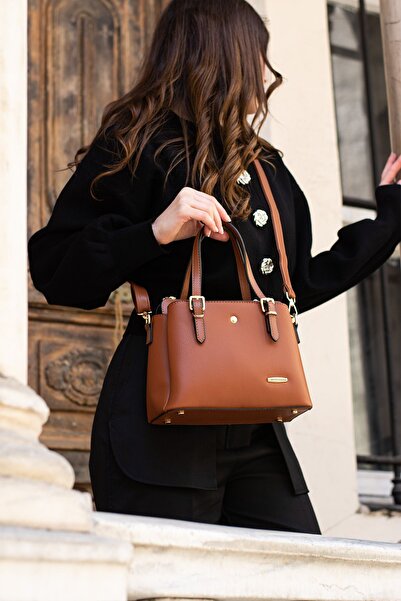 Sanmorris Women's Long Strap 4 Compartment Simple Stylish Tan Shoulder and Hand Bag with Gold Accessories