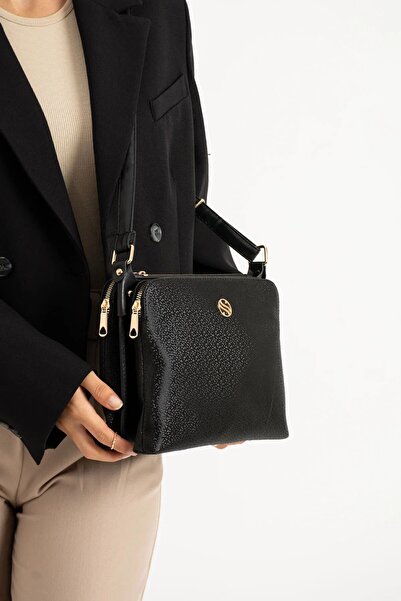 Sanmorris Dámská taška přes rameno z umělé kůže s nastavitelným křížovým popruhem, 4 přihrádkami a kovovým zipem, černá mozaika