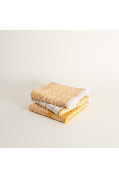 Ecocotton Elis 3'lü Kurulama Havlusu %100 Organik Pamuklu İplik Boyalı Özel Dokuma Sarı-Krem 40X60 Cm
