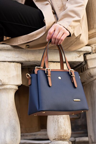 Sanmorris Синя сумка через плече з ручкою для руки та кишенькою для телефону - довгі ремінці, 4 відділення, золоті аксесуари