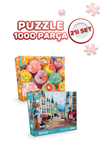 Blue Focus 2 Adet 1000 Parça Puzzle - Cupcake Shop ve Güzel Sahil Caddesi