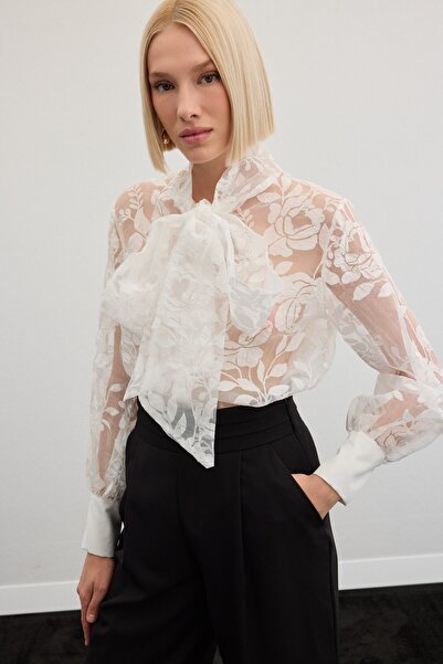 Sateen Fularlı Çiçek Desenli Gömlek - Ekru