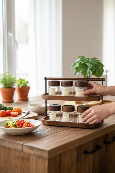 ANJEAHOME Salerno 6-Piece Glass Spice Jar Set with Acacia Wood Lids | 2-Tier Acacia Stand Kitchen Organizer (200 ml)