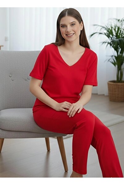 ÇAĞ MODA Viscose Knitted V-Neck Short Sleeve Women's Pajamas Set