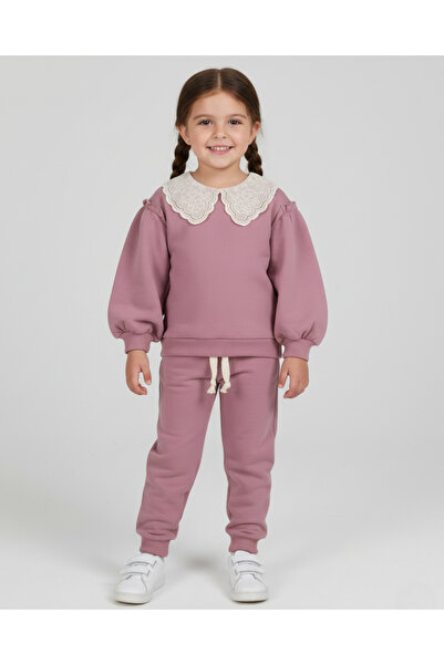 Ege Bebek Kız Çocuk Brode Yakalı Lastikli Paça Baskısız Fırfır Detaylı Oversi...