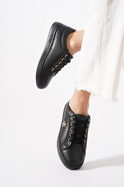 Moda Pie Mosen Vardola Tabanlı Kadın Spor Ayakkabı Siyah Cilt