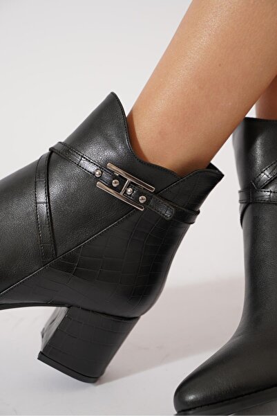 Moda Pie Ares Arka Kroka Kadın Topuklu Bot Siyah Cilt