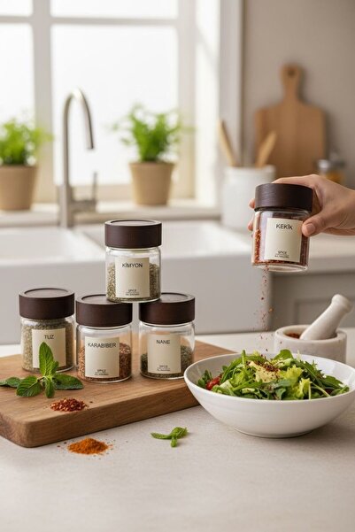 ANJEAHOME Set of 6 Glass Spice Jars - 200 ml with Acacia Lids + Label Gift