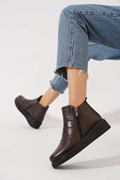 Moda Pie Vande front pleated zippered women's genuine leather boots brown skin