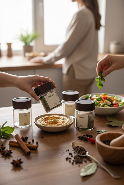 ANJEAHOME Set of 6 Glass Spice Jars - 200 ml with Acacia Lids + Label Gift