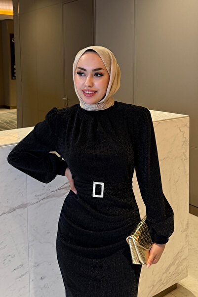 Tarzım Tuba Seçil Glittery Hijab Evening Dress Black