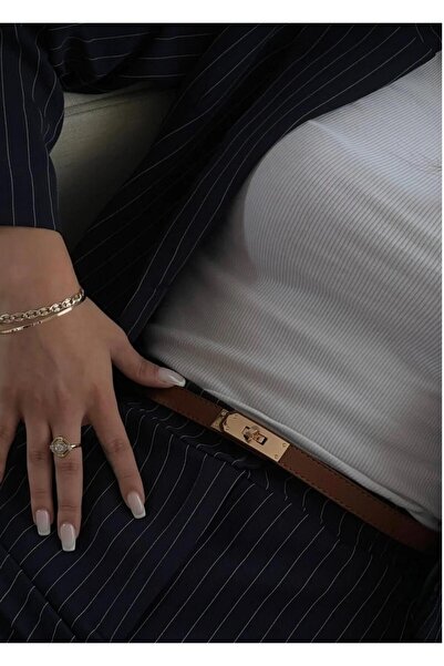 Descoin Ζώνη με ραμμένη πόρπη Tan Gold Lock. Γυναικεία ζώνη, ζώνη φορέματος, ζώνη παλτό, ζώνη παντελονιού