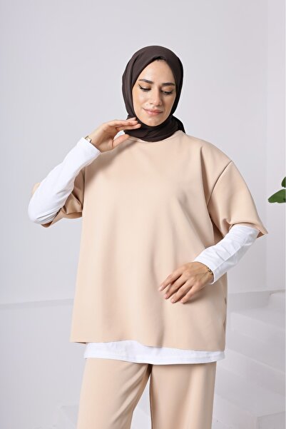 onlymoon Women's 3-Piece Set ♦   Scuba Fabric ♦   Beige ♦   High Waist Wide Leg Pants with Pockets ♦   Casual Stylish Outfit