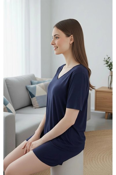ÇAĞ MODA Short Sleeve Viscose V-Neck Pajama Set with Shorts