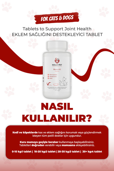MALLY PET PROFESSIONEL PET CARE Kediler ve Köpekler İçin Eklem ve Kas Sistemi Sağlığı Destekleyici Glukozamin Tablet Move+G