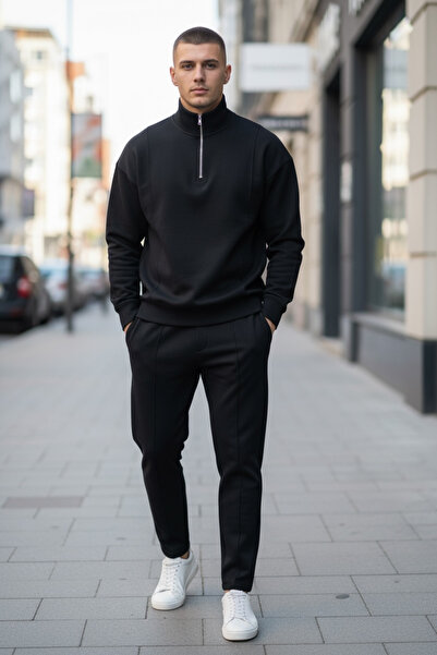 İLKCET MODA طقم بنطلون رياضي من قماش مودال أسود ياقة مرتفعة متوسطة الطول