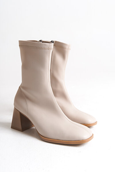 Artgoo Women's Beige Leather Stretch Blunt Toe Daily Comfortable 7 cm Heeled Boots