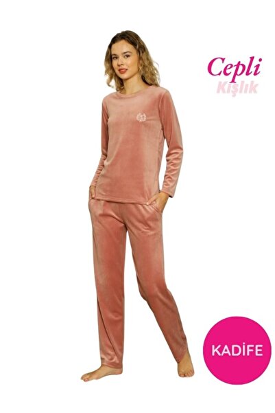 ALİMER Set de pijamale de iarnă cu mânecă lungă, din catifea moale, roz, gule...