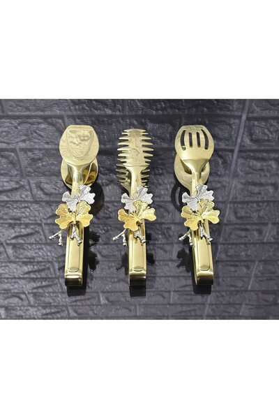 atabey home Gold Serving Tongs Set of 3 Butterfly/Pasta/Pie/Dinner/Display Tongs Titanium