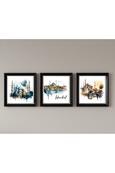 bertekdijital 3 Lü Çerçeveli Plkesi Camlı İstanbul Temalı Tablo 20 xx20 cm