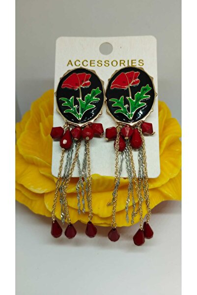 Sedaccessories Küpe,kırmızı gelincik desenli sallantılı