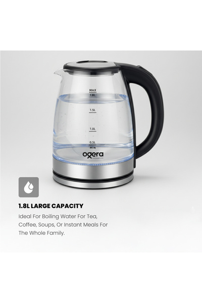 Ogera 1.8L Glass Body Electric Kettle – Fast Boil, Stainless Steel Heating Plate, Auto Shut-Off
