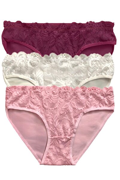 DONLİZZA 3600 Lace Front Panties Purple Ecru Pink 3 Pieces
