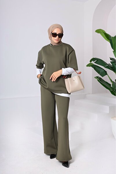 onlymoon Kadın 3’lü Takım ♦ Scuba Kumaş ♦ Haki Yeşil ♦ Yüksek Bel ♦ Geniş Paça Pantolon ♦ Günlük Şık Kombin