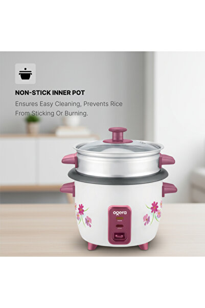 Ogera 1 L Rice Cooker With Glass Lid | Non-Stick Inner Pot | Auto Cook & Keep Warm Function