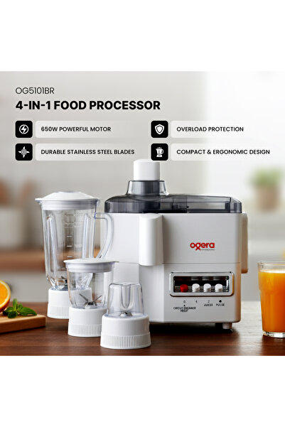 Ogera 4-in-1 Food Processor 650W with Blender, Grinder, Chopper & Citrus Juicer – Multi-Functional