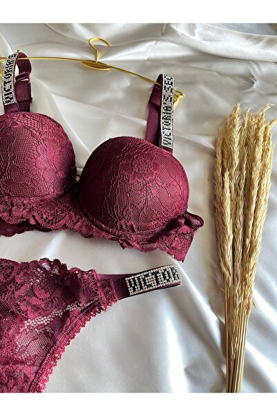 NİVENE Stone DeTailed Lace Push Up Black Bra and String - Padded Padded Underwear Set