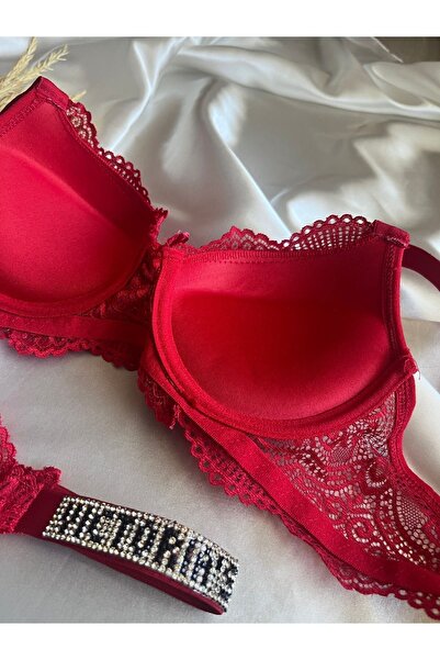 MODELLİFE Dantelli Lastiği Taşlı Balenli Destekli Dolgulu Push Up Kırmızı Sütyen Ve String Iç Çamaşırı Takımı