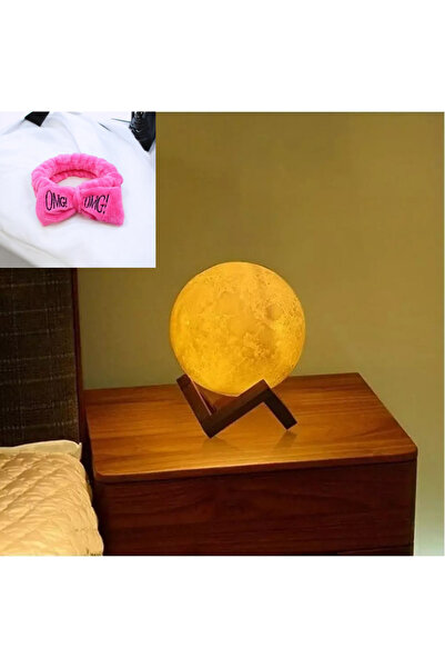 Genel Markalar AsonPlus 3D Moon Light Dekoratif Küre Gece Lambası Ahşap Standlı-Pilli-Orta Boy-Bandana Hediyeli